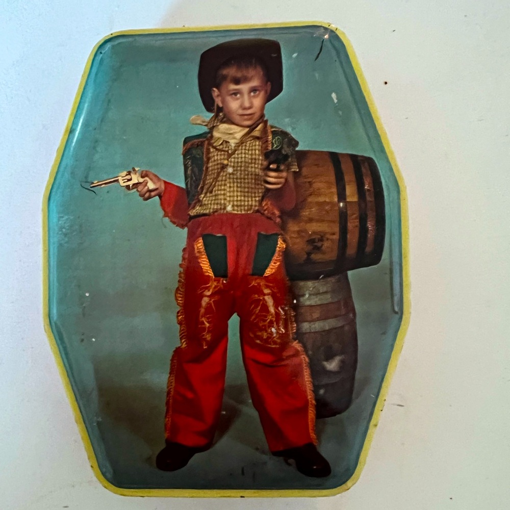 Vintage HORNER Boy as cowboy candy tin from 1950’s